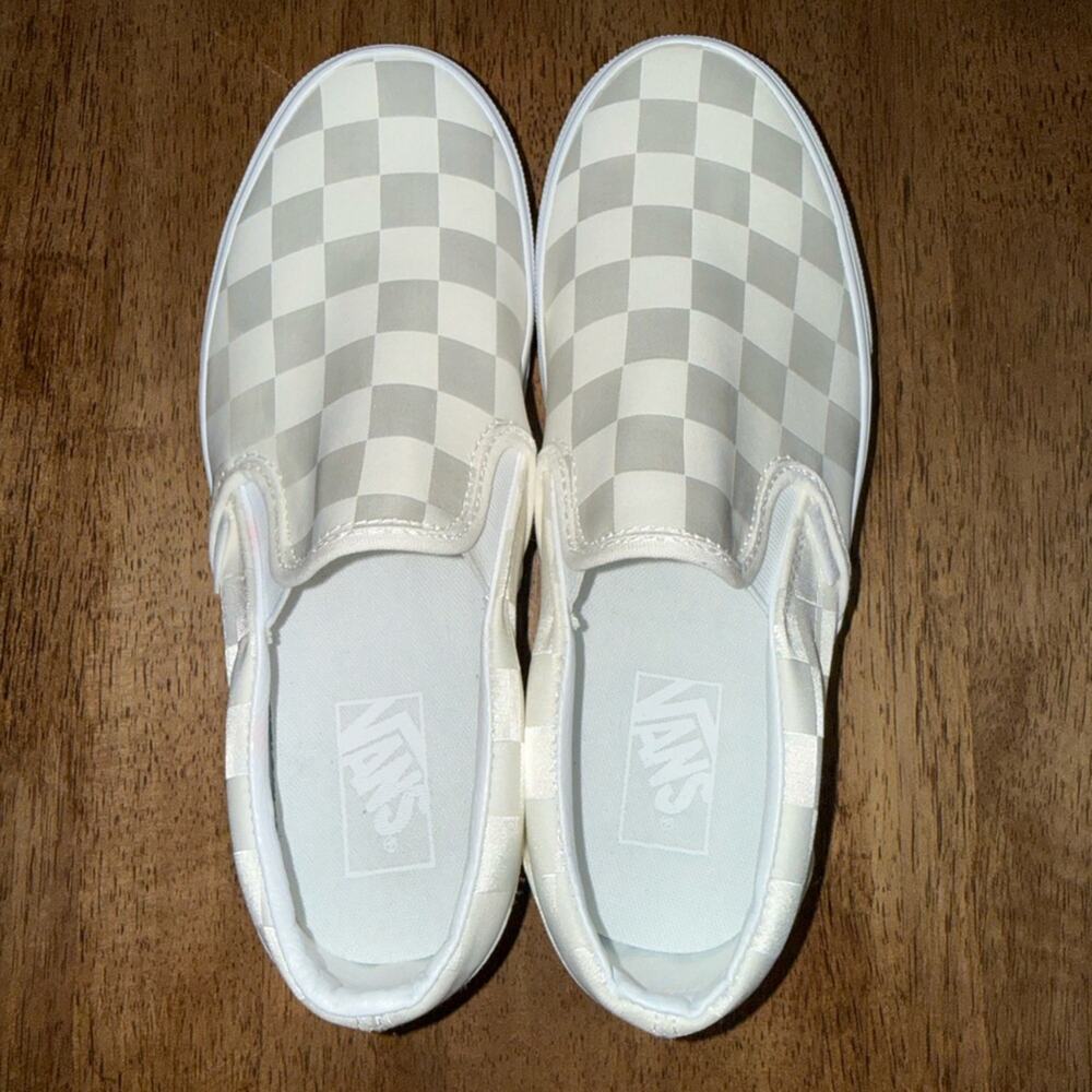 NEW VANS CHECKERED STACKFORM PLATFORM SLIP ON SHINY SATIN IVORY CHECKERED SZ 7 - Picture 7 of 11